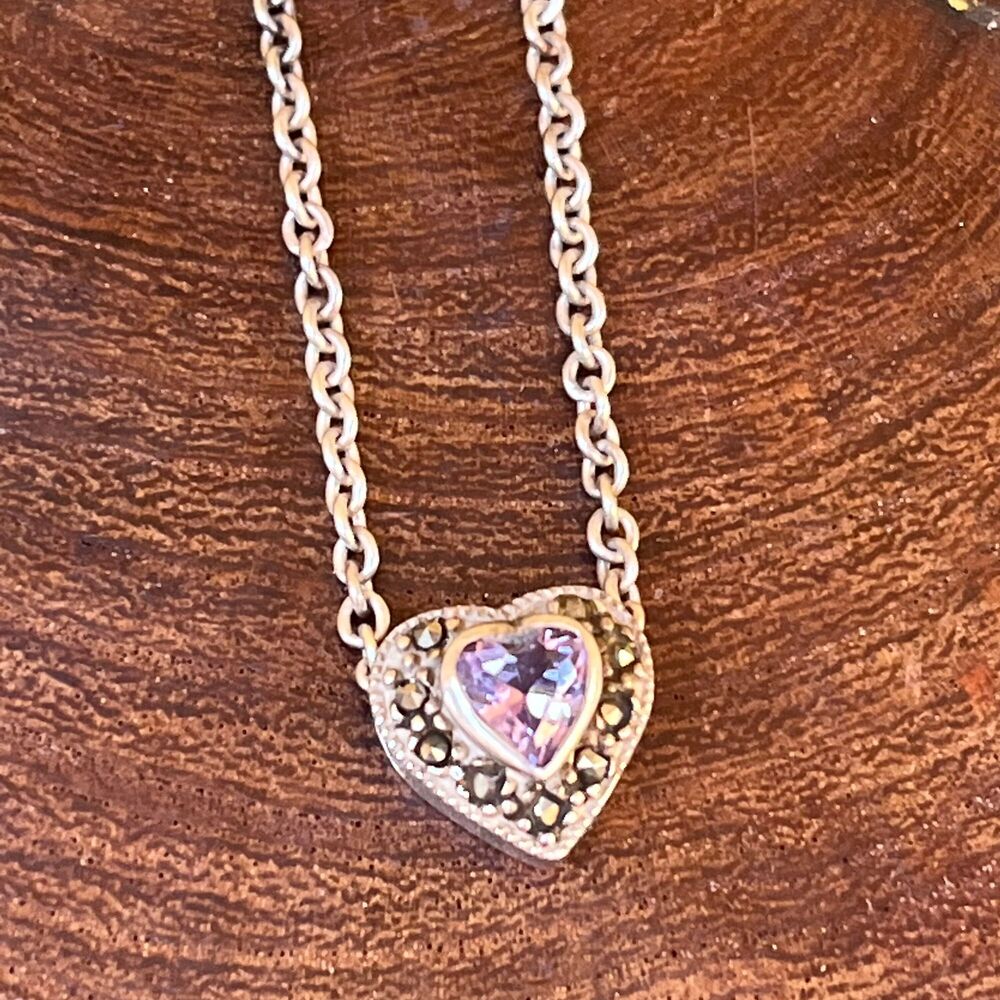Sterling Silver Heart Necklace with Marcasite and Purple Crystal Love Jewelry